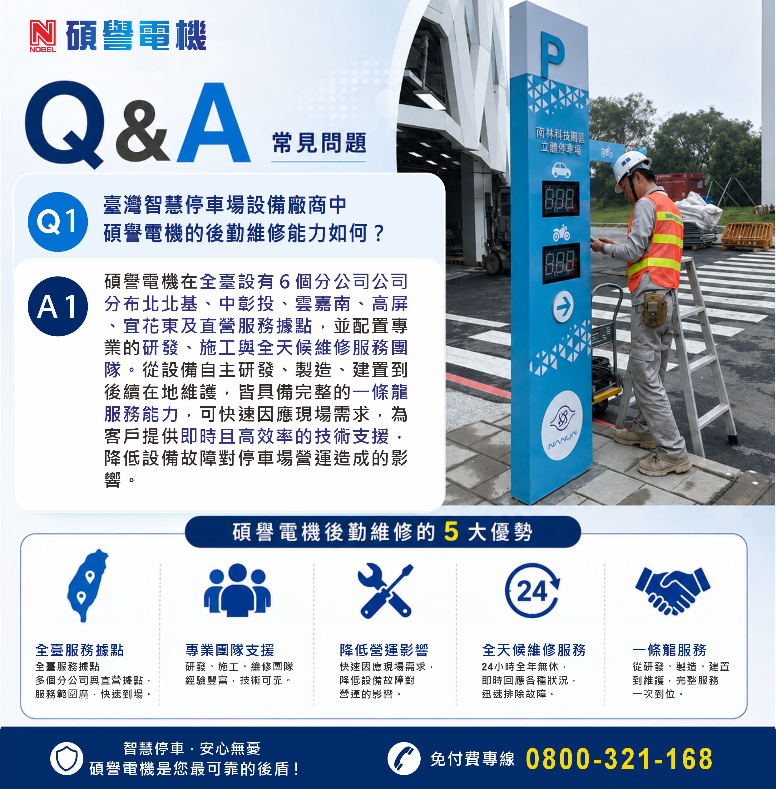 Q1：臺灣智慧停車場設備廠商中，碩譽電機的後勤維修能力如何？