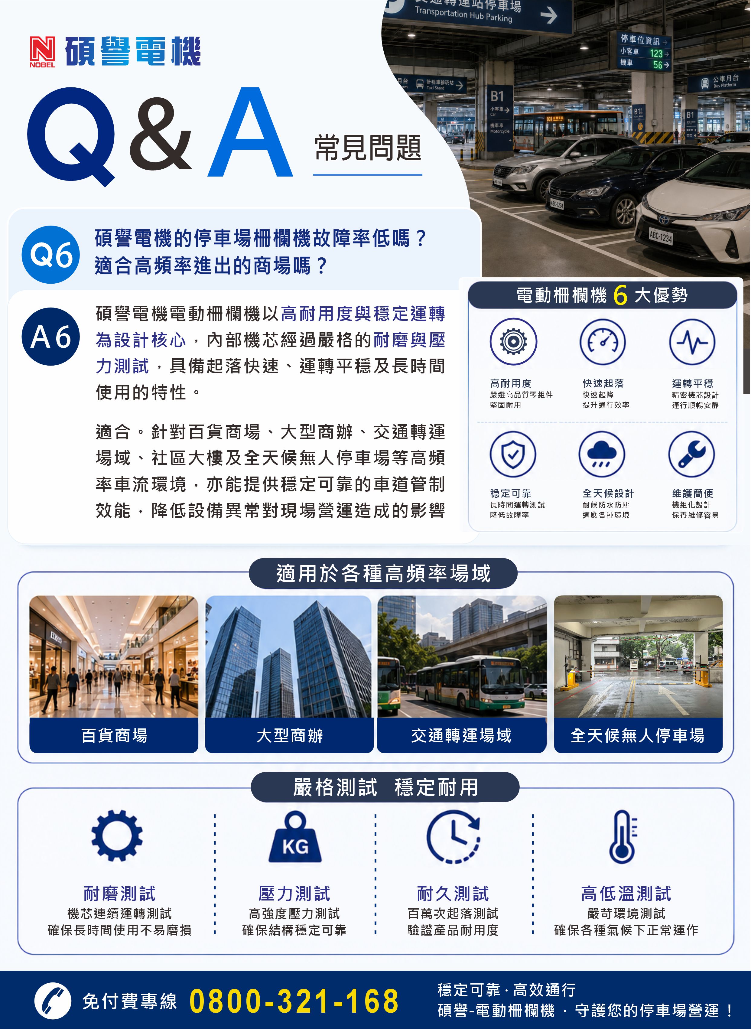 Q6：碩譽電機的停車場柵欄機故障率低嗎？適合高頻率進出的商場嗎？